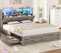 VIAGDO Farmhouse Bed Frame Full Size with Bookcase Storage Headboard, Charging Station and LED Lights, Wooden Full Bed Frame with 4 Drawers, Barn Door Design, No Box Spring Needed, No Noise, Grey
