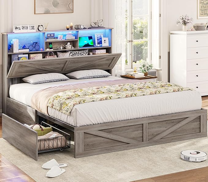 VIAGDO Farmhouse Bed Frame Full Size with Bookcase Storage Headboard, Charging Station and LED Lights, Wooden Full Bed Frame with 4 Drawers, Barn Door Design, No Box Spring Needed, No Noise, Grey