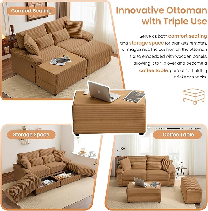 SUNWAVE 74" Double Chaise Lounge Chair Indoor, Oversized Loveseat with Removeable Ottoman, Corduroy Couch with USB Charging, Storage Ottoman, and Coffee Table Cushions for Living Room