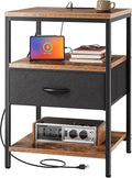 SUPERJARE Night Stand with Charger Station, 27.7 Inch Tall Nightstand with Adjustable Fabric Drawer, Bed Side Table, Fabric Drawer Dresser for Bedroom, Living Room, Rustic Brown and Black