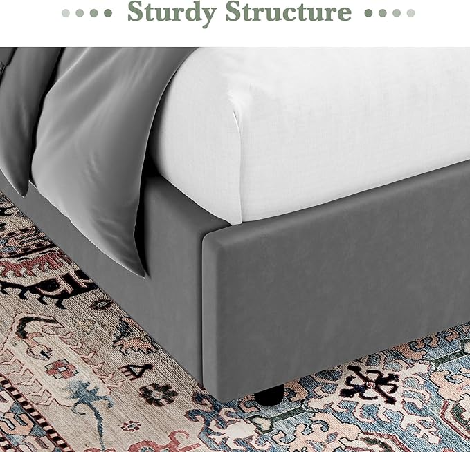 HOMBCK Grey Queen Bed Frame, Velvet Upholstered Platform Bed Frame with Headboard, Curved Wingback Design, Wooden Slats, No Box Spring, Noise Free, Easy Assembly