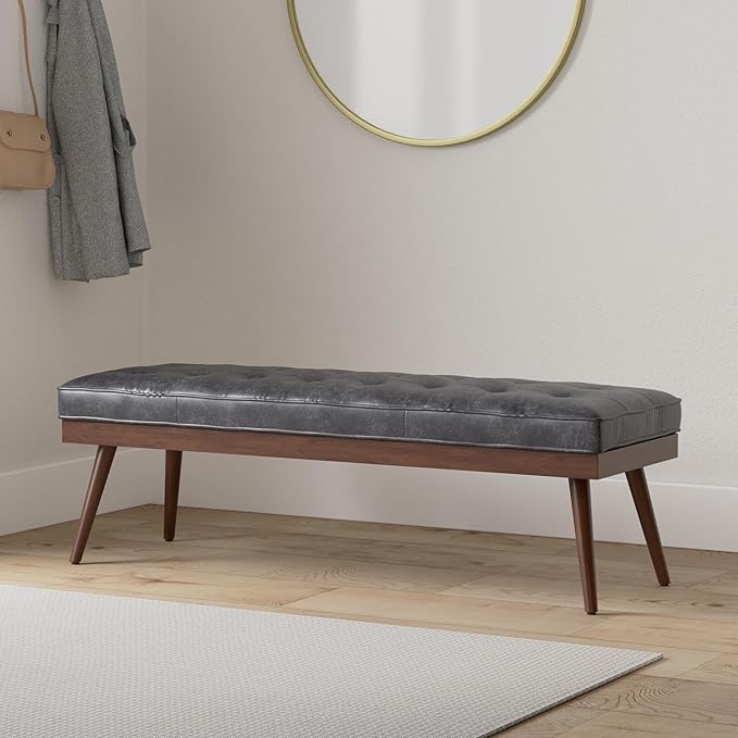 Poly & BARK 55" Tufted Leather Bed Bench for Bedroom End of Bed - Living Room Entry Way Bench - Pure Italian Leather Upholstery with a Solid Wood Frame - Ottoman Bench with Wooden Legs - Onyx Black
