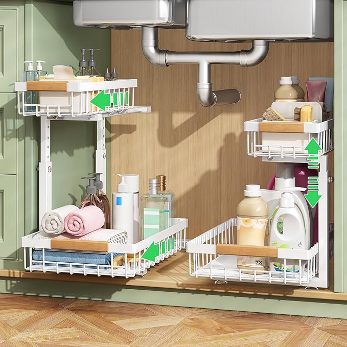 Kitstorack Under Sink Organizer, 2 Packs 2 Tier Under Sink Organizers and Storage, Slide out Pull out Cabinet Organizer Shelf, Metal Sliding Drawer for Kitchen Bathroom Pantry Closet Rack(White)