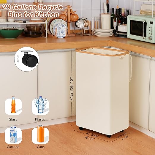 iEGrow Recycling Bin for Kitchen, Indoor Home Recycle Bins with Wheel, 29 Gallons Large Recycling bin with 2 Removeable Reusable Inner Bags, for Bottles Cans Glass Plastice Cartons(Beige)