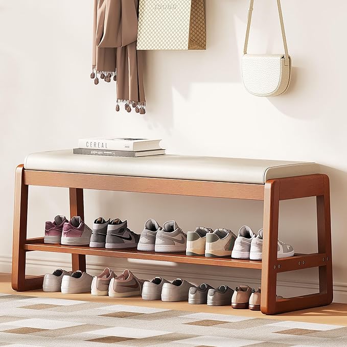Shoe Bench Storage Rubberwood with Leather Cushion 39.4", Waterproof Easy to Clean 550LBS Organizer Shoe Rack for Entryway, Hallway, Mudroom, Front Door
