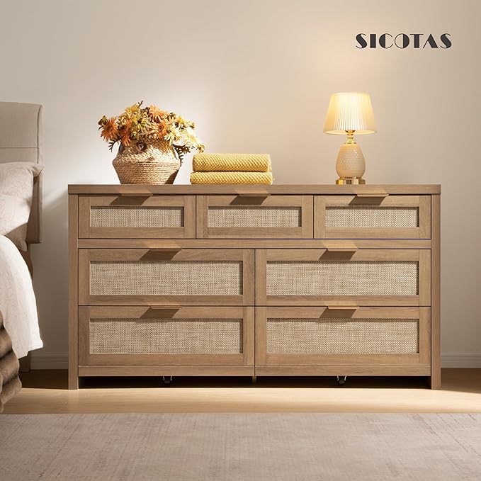 SICOTAS 7 Drawer Dresser for Bedroom, 57" Wide Rattan Dressers, Large Chest of Drawers for Bedroom, Dresser TV Stand, Boho Closet Organizer (Reclaimed Caramel Oak, 7 Drawers (1 pc))