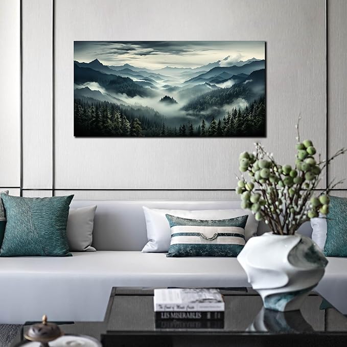 Large Living Room Wall Art Foggy Green Forest Artwork for Bedroom Home Office Nature Pictures Modern Wall Art Framed Canvas Prints 20x40 Inch
