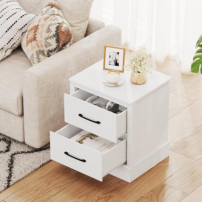 Giantex Modern Nightstand, Wood Bedside Table with 2 Storage Drawers, Compact Floor Night Stand End Table, White Accent Sofa Side Table for Bedroom