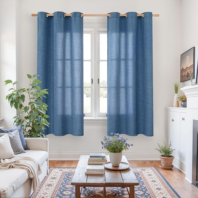 YoungsTex Navy Blue Linen Curtains 48 Inch Length, Short Light Filtering Semi Sheer Drapes with Bronze Grommet Privacy for Bathroom Living Room Window, 42 x 48 Inch, 2 Panels