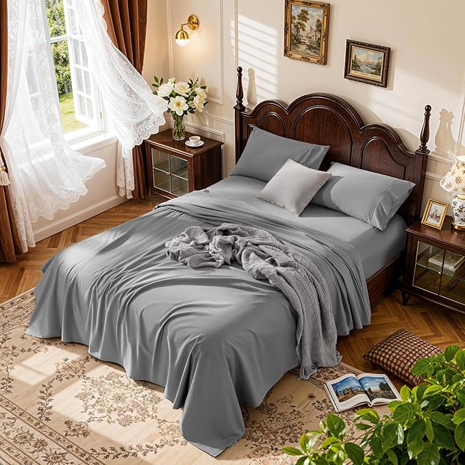 LBRO2M 1000 Thread Count 100% Egyptian Cotton Sheets Set,Full Size Bed Sheet 4 Piece Sets,Long Staple,16 Inches Deep Pocket,All Season,Bedding Super Soft Breathable,Sateen Weave (Grey)