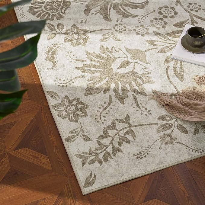 jinchan Torino 3x5 Area Rugs for Entryway, Vintage-Inspired Floral Neutral Design Washable Non-Slip Low-Pile Rug, Ultra-Thin Indoor Traditional Accent Carpet for Entrance Bedroom Hallway, Taupe