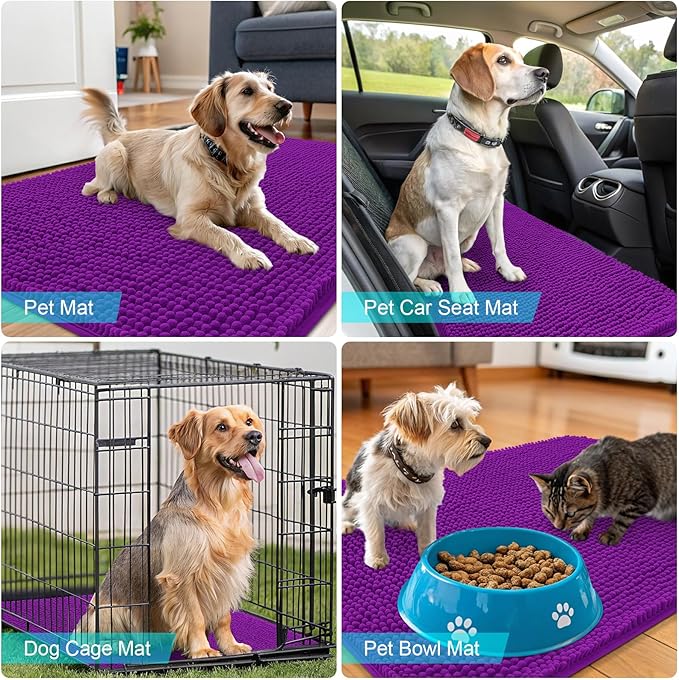 OLANLY Dog Door Mat for Muddy Paws 48x30, Absorbs Moisture and Dirt, Absorbent Non-Slip Washable Doormat, Quick Dry Chenille Mud Mat for Dogs, Entry Indoor Entryway Carpet for Inside Floor, Purple