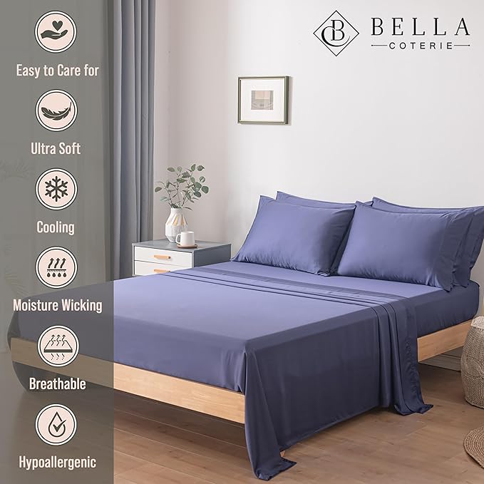 Bella Coterie 6 Piece Luxury Bamboo Viscose California King Size Sheet Set | 100% Organically Grown | Cooling for Hot Sleepers | 18" Deep Pocket | Soft & Hypoallergenic | 4 Pillowcases [Twilight Blue]