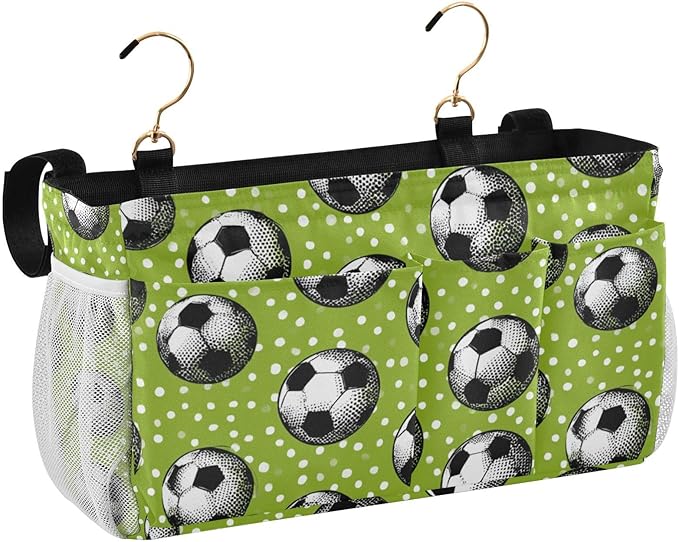 Bedside Caddy Hanging Bunk Bed Caddy Bed Organizer Hanging Pocket with 2 Hooks Bedside Storage Organizer Pocket Bag Holder Deep Green Soccer Balls Dots