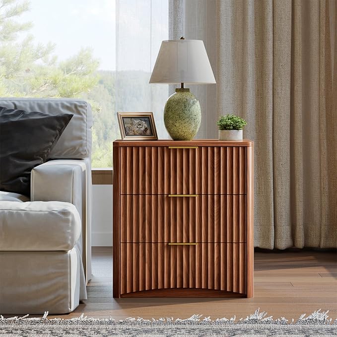 Evermagin Fluted Nightstand Set of 2, Walnut Bedside Table with 3 Drawers, Wood End Table with Storage Mid Century Modern, Large Night Stand for Bedroom