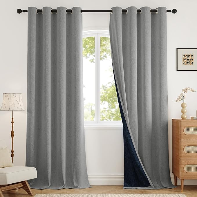100% Blackout Curtains 102 inch Length 2 Panels for Living Room, Linen-Look Textured Room Darkening Thermal Insulated Noise Reduction Farmhouse Drapes for Bedroom (W52xL102, Grey)