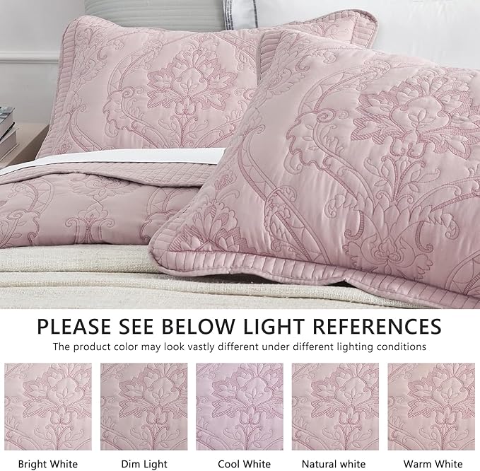 CHIXIN Bedspread Coverlet Quilt Set Full Size - Lightweight Bedding Cover - Beautiful Stitching - 5 Piece Reversible Bedspread - Gorgeous Damask Paisley Pattern (Full, Pale Rose)