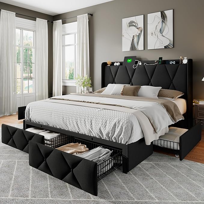 Feonase Full Size Bed Frame with 4 Storage Drawers, Upholstered Platform Bed with Charging Station, Wingback Storage Headboard, Wooden Slats Support, No Box Spring Needed, Easy-Assembly, Black