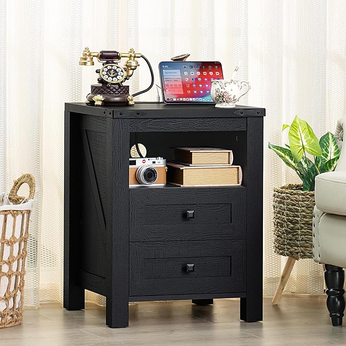 Joaxswe Nightstand with Charging Station, Farmhouse Night Stand with 2 Drawers and Shelf Storage, Wooden Side End Table, Bedside Cabinet for Bedroom, Living Room, Closet, Office (Black)