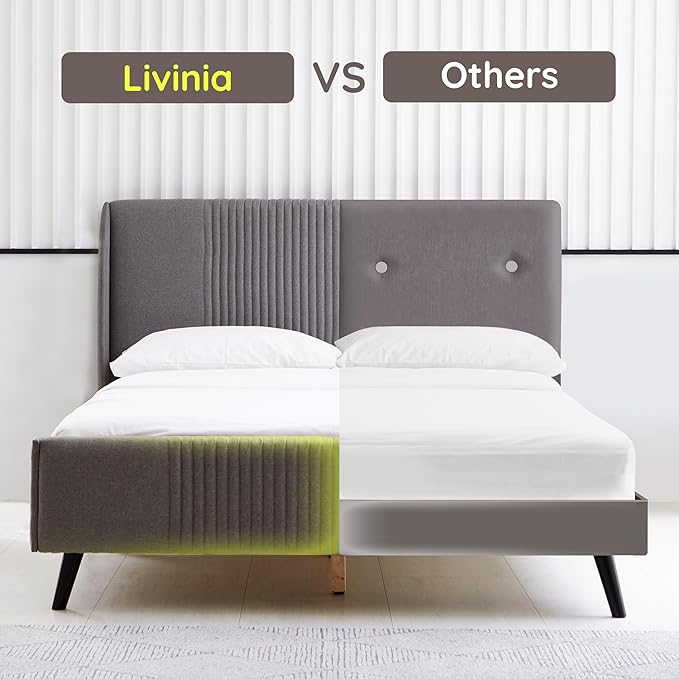 Livinia Sunset Full Size Wingback Platform Bed, Fabric Upholstered Full Bed Frame with Vertical Channel Tufted Headboard Footboard, Strong Wood Slats, No Box Spring Needed, Gray
