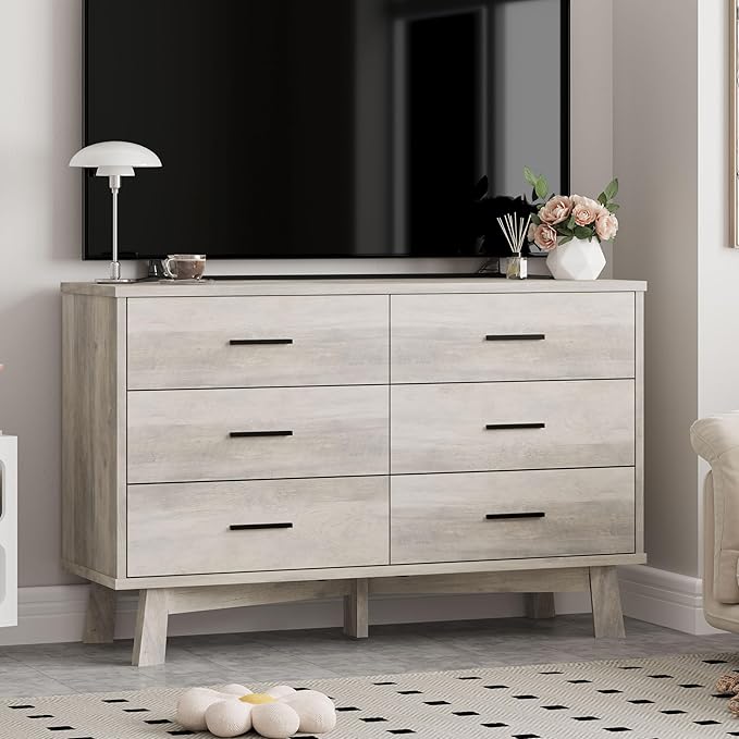 Dresser for Bedroom, 6 Drawer Wide Modern Chest of Drawers with X-Shaped Sturdy Base, Wood Double Dresser Closet Clothes Storage Organizer, Wooden TV Stand for Living Room, Hallway, Grey
