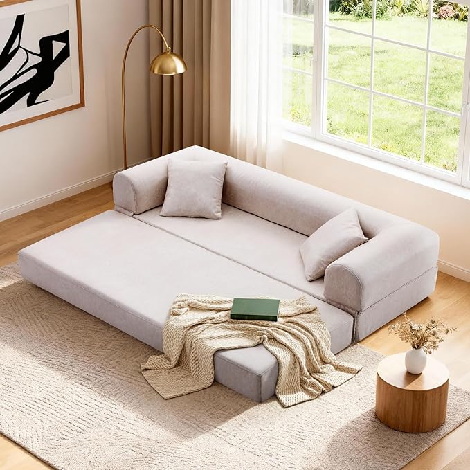 Convertible Folding Sofa Bed,78.5 Inch Faux Leather Futon Couch with Pillows & Storage Pocket,5-in-1 Queen Sleeper Sofa in a Box with Pull Out Bed,Boneless Couch for Living Room Bedroom,Beige