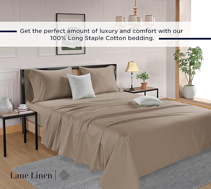 Lane Linen 100% Cotton Bed Sheets – 600 Thread Count Cooling Sheets Queen, Durable Daily Use Bedding, Value Comfort for Nightly Rest, Hotel Sateen Finish, Snug Fit 15" Deep Pocket Fitted Sheet – Taupe