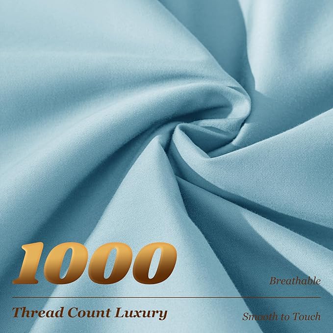 LBRO2M 1000 Thread Count 100% Egyptian Cotton Sheets Set Queen Size, 4 Piece Sets Bed Sheet Deep Pocket Sheet Set 16" Soft Comfortable All Season (Queen, Light Blue)