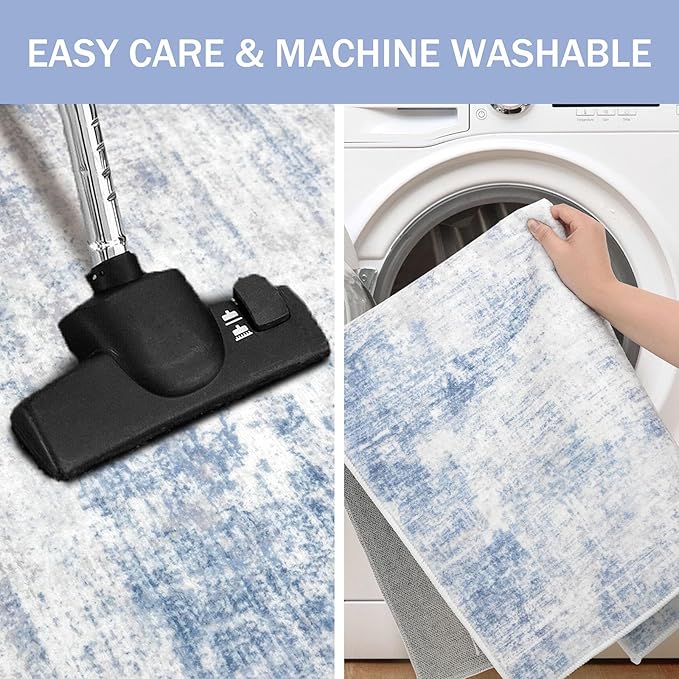 IOHOUZE Abstract Runner Rug 3x14 Ft Washable Runners for Hallways, Non Slip Kitchen Runner Printed Faux Wool Entryway Runner Indoor, Modern Abstract Floor Carpet for Hall Stair, Light Blue White