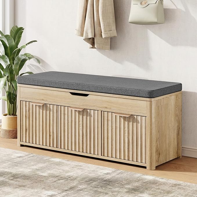 Shoe Bench with Storage - Lift Top Entryway Bench with Hidden Storage, Shoe Rack with Adjustable Shelves and Cushioned Seat, Wooden End of Bed Bench for Bedroom, Living Room and Hallway,Nature