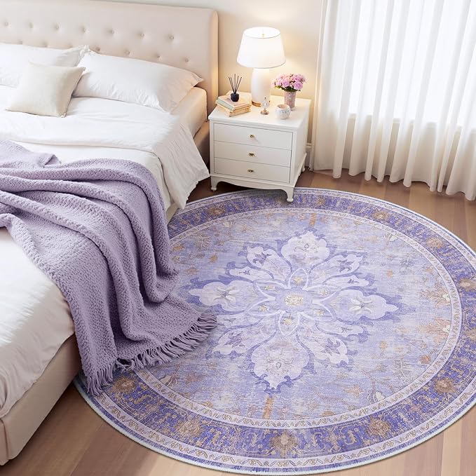Area Rugs 6ft Washable Non-Slip, Floral Vintage Distress Print Pattern Medallion Carpet for Living Room Bedroom Dining Room, Light Purple Brown