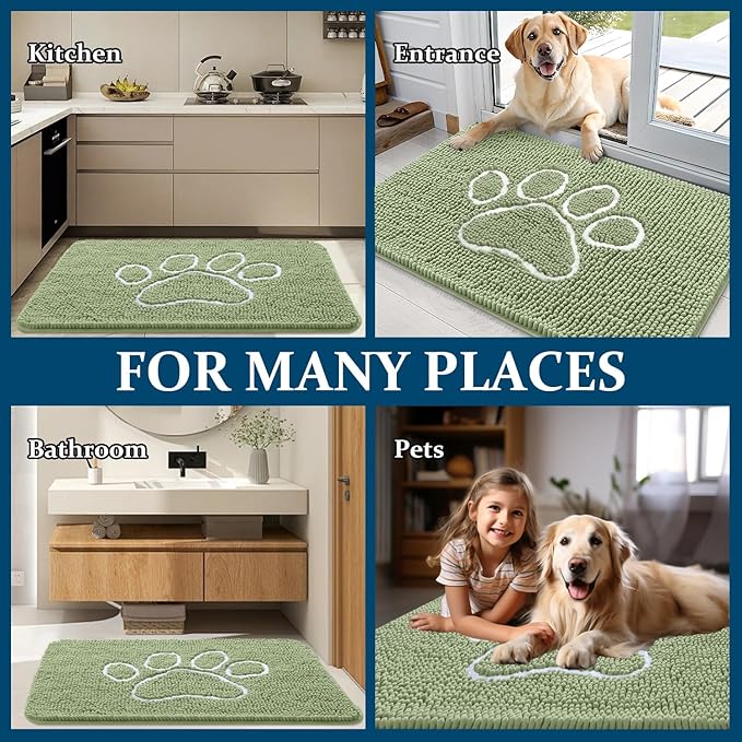 OLANLY Dog Door Mat for Muddy Paws 48x30, Paw Print Design, Absorbs Moisture and Dirt, Non-Slip Washable Doormat, Quick Dry Chenille Mud Mat for Dogs, Entry Indoor Entryway Carpet, Sage Green