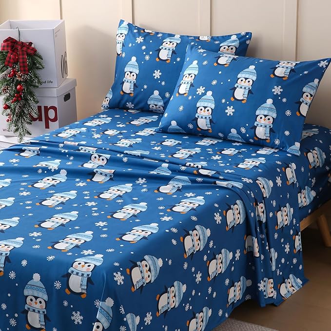 JSD Penguin Snowflakes Kids Christmas Sheet Set Twin Size, 3 Piece Blue Printed Microfiber Sheets Deep Pocket