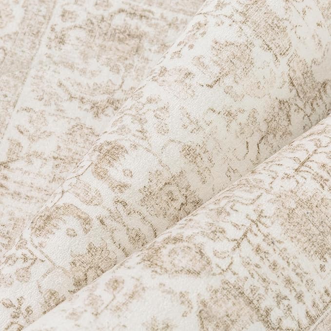 Beige Area Rug 6x9 Machine Washable Vintage Living Room Distressed Non Slip Carpet Traditional Indoor Bedroom Retro Floral Accent Throw Large Rug for Office Kitchen Dining Room