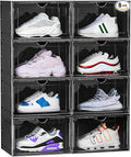 8 Pack XL Shoe Storage Box Organizer,Drop Side Large Shoe Boxes Clear Plastic Stackable Container,Magnetic Sneaker Display Case, Fit up to US 13（13.4”x 10.6”x 8.3”(8 Pack Black)