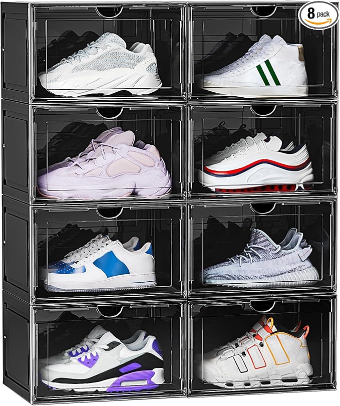 8 Pack XL Shoe Storage Box Organizer,Drop Side Large Shoe Boxes Clear Plastic Stackable Container,Magnetic Sneaker Display Case, Fit up to US 13（13.4”x 10.6”x 8.3”(8 Pack Black)