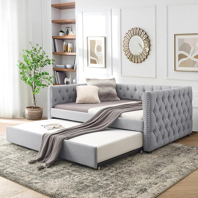 Daybed with Trundle, Modern Upholstered Full Size Day Bed Button-Tufted Sofa Daybed Frame with A Roll-Out Trundle, No Box Spring Needed, Furniture for Bedroom Living Room Guest Room (Light Grey, Full)