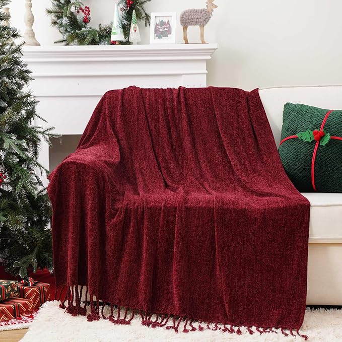 BATTILO HOME Burgundy Chenille Throw Blanket, Decorative Red Knit Throw with Fringe, Lightweight for Christmas Decor, 50"x60"