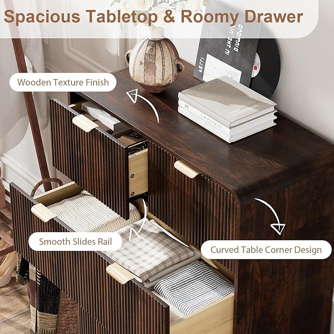 QUW Fluted Dresser for Bedroom with 5 Drawers, Modern 40.2" Tall Drawer Dressers with Metal Handle, Wooden Chest of Dresser for Living Room, Hallway, Dark Walnut