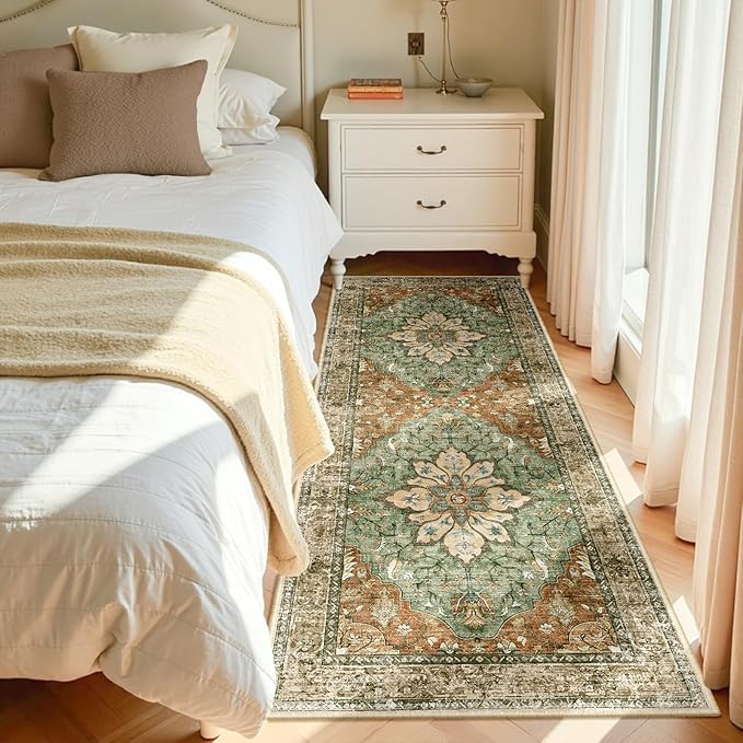 Area Rugs 3'x8' Washable Non-Slip, Floral Vintage Distress Print Pattern Medallion Carpet for Living Room Bedroom Dining Room, Brick Red Rust Neutral Brown Burnt Orange Green