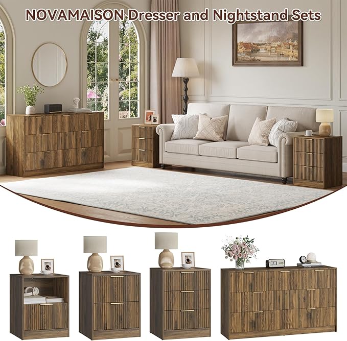 7 Drawer Dresser & Nightstand Set, 3-Piece Fluted Bedroom Dresser and Night Stand Set of 2 with Metal Handle, Modern Wood Chest of Drawers Storage Dressers Set for Bedroom, Walnut