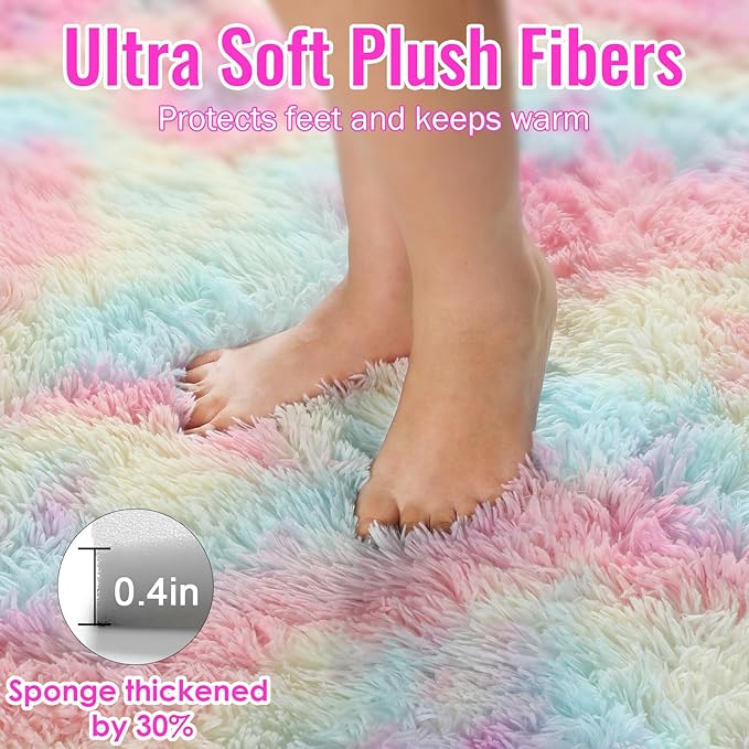 PAGISOFE Fluffy Colorful Rainbow Rugs for Bedroom Girls 5x7, Soft Unicorn Shag Cute Girls Room Rugs for Kids Playroom Living Room Nursery Home Decor, Furry Kawaii Princess Rug,Pastel Shaggy Rug Carpet