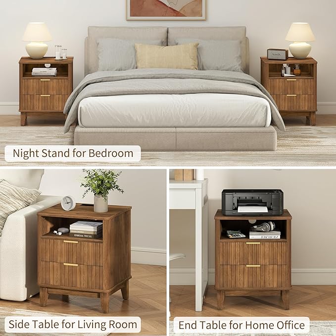 Night Stand with Charger Station, Fluted Nightstand with Drawers and Storage Shelf, Mid Century Modern Bedside Table Nightstands, Large Bed Side Table Wood Night Stands for Bedroom Living room