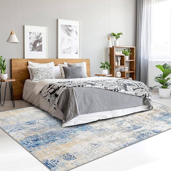 8x10 Area Rugs for Living Room, Non-Slip Backing Washable Rug 8x10, Large Area Rug Soft Carpet for Bedroom Dining Room, Modern Abstract, Easy Clean, Durable, Blue Ivory Yellow