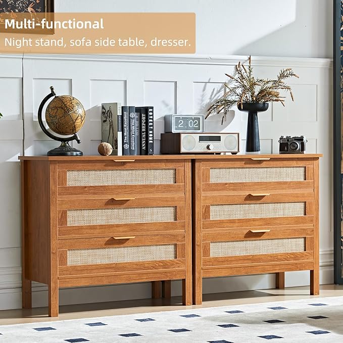 LEYAOYAO 31.5" Wide Rattan Nightstand, Large Boho 3 Drawer Night Stand, Tea Brown Bedside Table with Storage, Tall Bed Side End Tables, Chest of Drawers Dressers for Bedroom, Living Room, Hallway