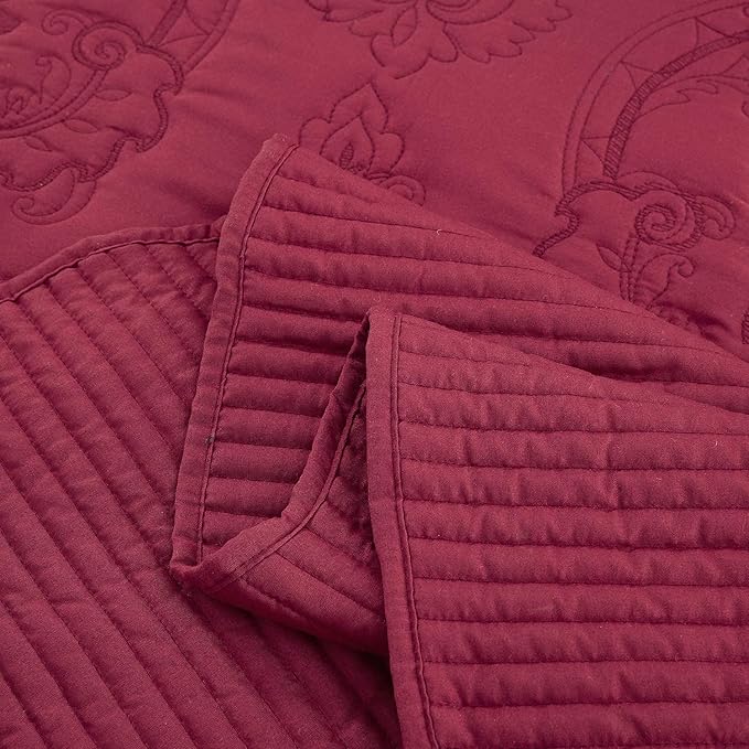 CHIXIN Bedspread Coverlet Set Queen Size - Lightweight Bedding Cover - Beautiful Stitching - 5 Piece Reversible Bedspread - Gorgeous Damask Paisley Pattern (Queen, Wine Red)