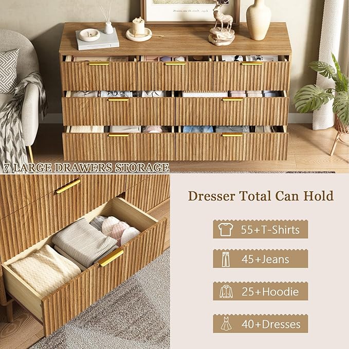 CARPETNAL Fluted 7 Drawer Dresser for Bedroom, 55" Wide Wooden Chest of Drawers with Rounded Corners, Gold Handles, Modern Storage Organizer for Bedroom, Hallway(Walnut)