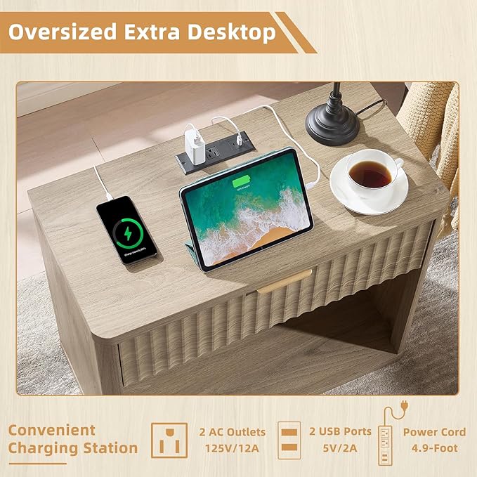 LEYAOYAO 31" Wide Fluted Nightstand with Charging Station, Oversized Extra Large 1 Drawer Night Stand with Golden Handle, Grey Wood Bedside Table Tall End Tables,for Bedroom, Living Room, Hallway