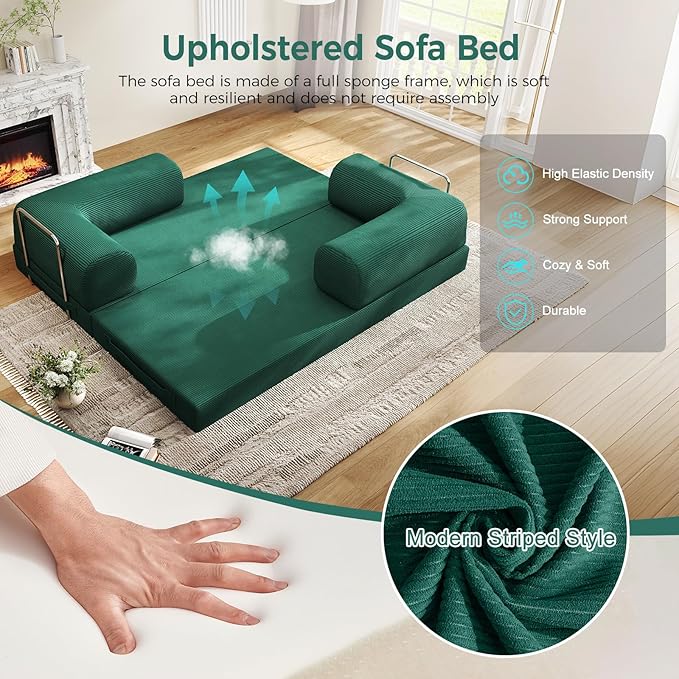 4-in-1 Folding Convertible Sofa Bed, 78 Inch Boneless Couch with Fixed-Shape Frame, Corduroy Loveseat Sleeper with Pull Out Bed, Floor Sofa Modular Futon Couch for Living Room Bedroom Lounge