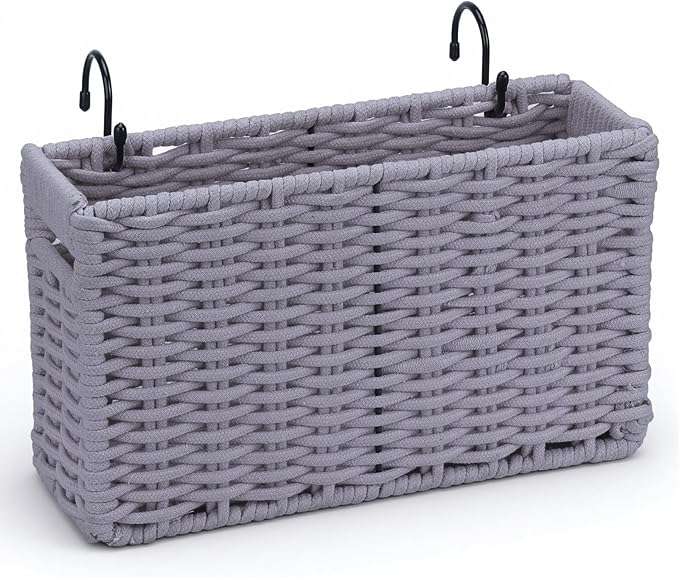 Cotton Rope Woven Bedside Caddy for Dorm Bed, Foldable Bedside Shelf Bunk Bed Accessories, College Dorm Room Essentials Hanging Organizers Storage Basket, Room Decor Magazine File Holder (Gray)